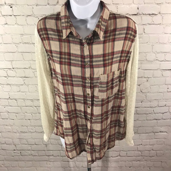 Free People Tops - Free People Women's Plaid Shirt Sheer Sleeves Sz S